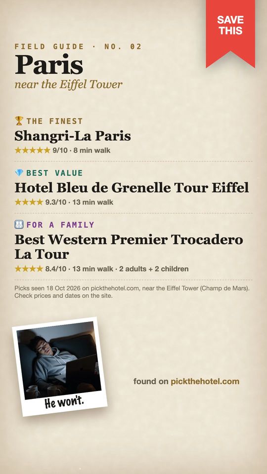 The field guide page the episode ends on: Paris, near the Eiffel Tower, the finest, best value and for a family, with the polaroid: He won't.